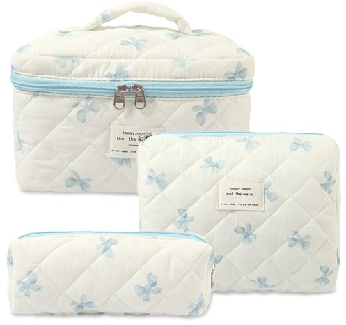 Aucuu 3PCS Set Kosmetiktasche, Reise Kosmetiktasche Set Damen, Kulturtasche Damen mit Blumenmuster, Gesteppte Kulturtasche, Kulturbeutel Make Up Tasche, Tragbare Schminktasche für Mädchen Frauen