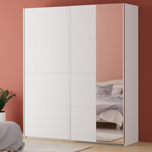 Forte FITTIO Kleiderschrank 200, moderner Schwebetürenschrank, 2-türig, Kleiderstange, Einlegeböden, Spiegel, Schlafzimmer, Holzwerkstoff, Weiß, 200,1 cm breit x 235 cm hoch x 61,2 cm tief