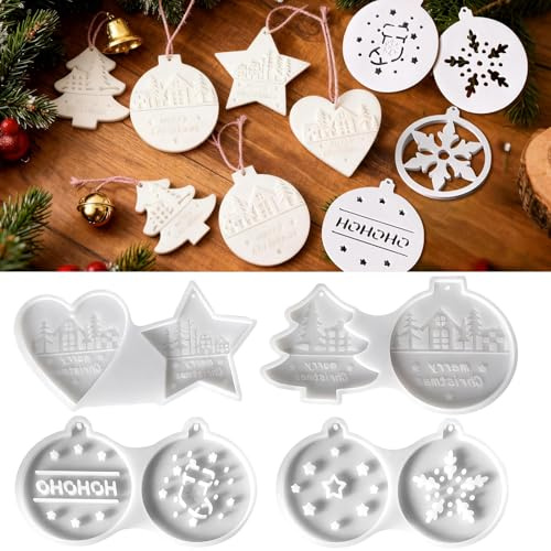 8 Stück Silikonformen Gießformen Weihnachten, Silikonform Weihnachten Anhänger mit Tannenbaum, Herz, Stern und Kugel, Gießformen Silikon für Gips, Epoxidharz, Kerzen DIY Weihnachtsdeko und Basteln