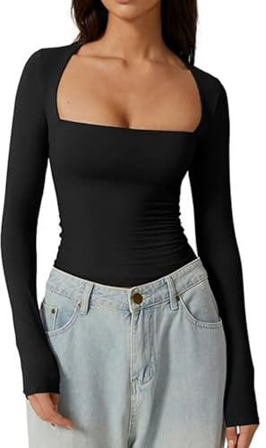 ADUDVLO Women's Sexy Square Neck Shirt Long Sleeve Double Lined Tees Fitted Going Out Tops (UK, Alpha, XS, Regular, Regular, Black)