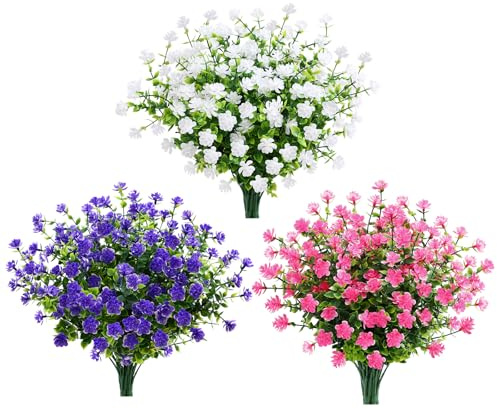 Alupssuc 20 Bundles Outdoor Artificial Flowers Spring Faux Greenery UV Resistant Fake Flower Bushes for Garden Porch Vase Pot Wedding Farmhouse Decor (Purple Rose White)