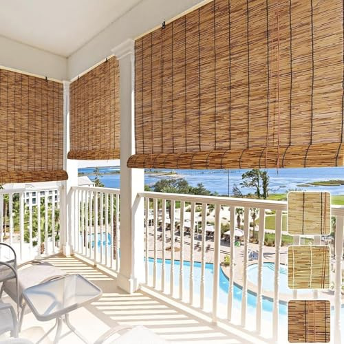 Bamboo Blinds Outdoor 40 60 80 100 120 150 180cm Wide Roman Blinds Customisable With Lifter, Sunshade Privacy Screen Natural Cane Roller Blinds For Kitchen, Patio(Natural black line)