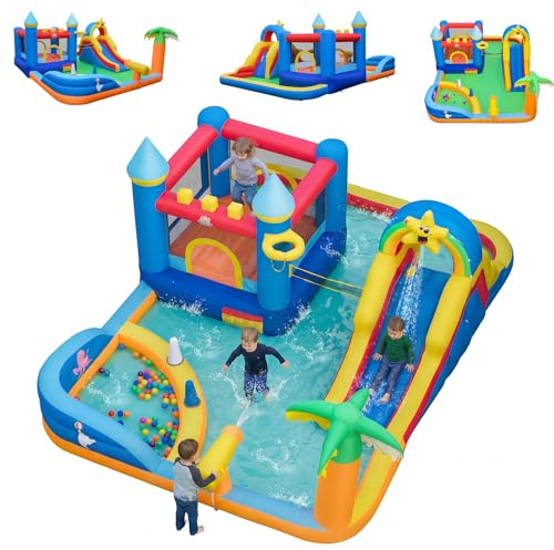COSTWAY Château Gonflable avec Toboggan et Maison de Saut, Aire de Jeux Gonflable avec Mur d’Escalade et Piscine à Balles, 50 Balles Océaniques, Canon à Eau, Intérieur Extérieur pour 3-12 Ans