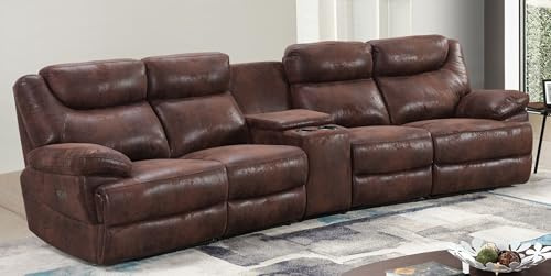 MAPO 3581 4-Sitzer Kinosofa elektrisch verstellbar | Heimkino Relaxsofa aus Leder mit Cupholder & Ablagefach | Rückenlehne, Fuß- & Kopfstütze | Braun