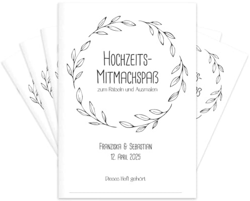PuK Hochzeits-Mitmachspaß | Kinder-Beschäftigung Hochzeit Set | Malbuch & Rätselbuch für kleine Gäste | 6 oder 12 Hefte | Gastgeschenk Hochzeit Kinder (Personalisiert, ohne Buntstifte)