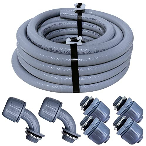 Sealproof 1/2-Inch Non-Metallic Liquid-Tight Conduit and Connector Kit, 25 Foot Made in USA Flexible Electrical Conduit Type B with 4 Straight and 2 90-Degree Conduit Connector Fittings, 1/2 Dia