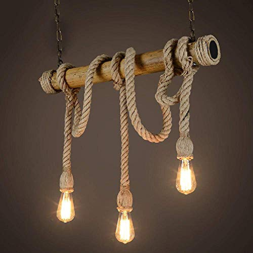 Ciondolo lampadario novità corda, lampadario 3 teste, mood vintage, corda di canapa e lampade pendenti in bambù