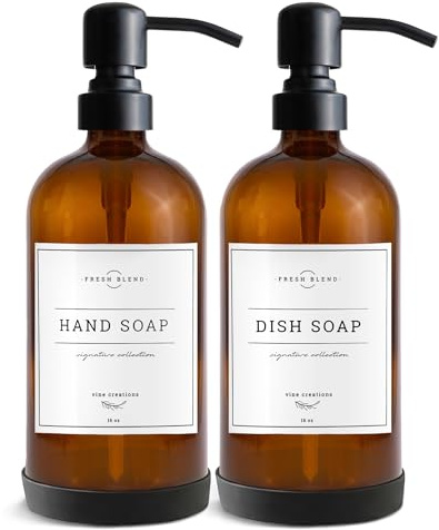 Vine Creations, 2er-Pack Seifenspender-Set für die Küche mit Edelstahlpumpe, Amberglas, 475 ml, Handseifenspender für das Badezimmer, Geschirrseifenspender für die Küche mit Wasserdichten Etiketten