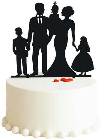 Hochzeit-Tortenaufsatz aus Holz - Braut und Bräutigam mit Kinder, Familien-Silhouette, Kuchen-Topper für Hochzeit & Jahrestag, zwei Mädchen und ein Junge