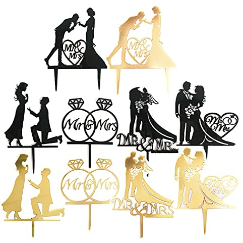 Aabellay 10 Stück MR and MRS Acryl Kuchen Topper Torten Aufsatz Tortendekoration Tortenstecker Cupcake Glitter Deko für Hochzeit Engagement Hochzeitsfeier Geburtstagsfeier - Gold und Schwarz