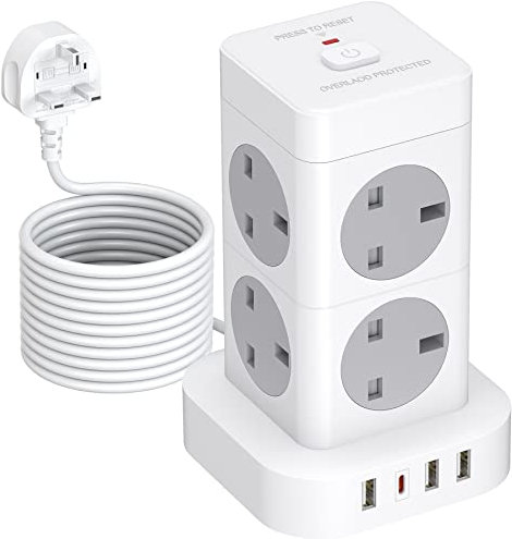 Hulker 5M Tower Extension Lead with USB C, 8 Way 4 USB Vertical Power Strip Overload Protection Multi Plug Extension 5M Long Extension Cord Tower Charging Station 3250W 13A