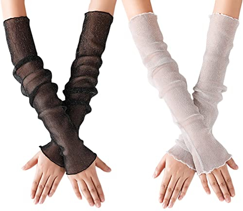 2 Paar Frauen Lange Armstulpen Sonnenschutz Manschetten Spitze Fingerlose Arm Ärmel Atmungsaktiv Armschutz für Draussen Sport Schwarz Weiss