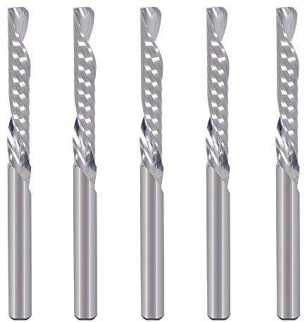 3.175mm coupe vers le bas simple flûte (O flûte) Spirale End Mill CNC Fraise Bits, avec 3.175mm de coupe de 3.175mm longueur de coupe de 22mm pour acrylique PVC MDF bois Pack de 5