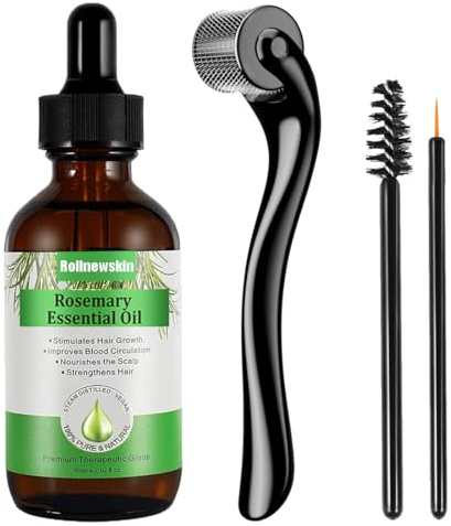 Olio essenziale di rosmarino (60 ml) + Derma Roller 0,5 mm per la crescita dei capelli, la cura della pelle, la crescita delle sopracciglia e delle ciglia