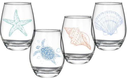 Juego de 4 copas de vino sin pie temáticas del océano – Tortuga de mar, estrella de mar, concha, concha, concha, surtido de conchas, regalos para amantes de la playa costera, regalos