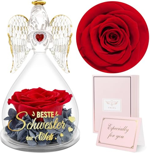 Sunia Schwester Geschenk, Beste Schwester Geschenke, Engel Figur mit Spruch Beste Schwester der Welt, Ewige Rose Engel Geschenke,Geburtstagsgeschenk für Schwester,Rose Geschenk Schwester Weihnachten