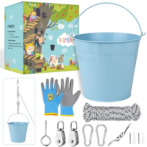 FORMIZON Puleggia Bambini, Puleggia con secchio in metallo, sistema puleggia per bambini e secchio pieghevole, accessori per capanna in alberi e torre di gioco, giocattoli da giardino per bambini 3+
