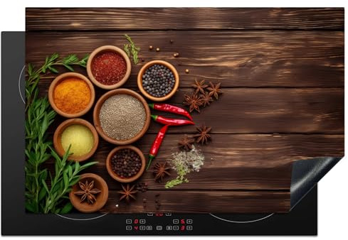 KitchenYeah© Herdabdeckplatte Einteilig Ceranfeld Abdeckplatte für | 81x52 cm - Induktionsschutz Ceranfeldabdeckung Vinyl Herdabdeckplatten Kräuter - Gewürze - Roter Pfeffer - Holzdruck
