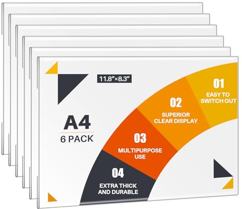 WenYa Lot de 6 supports muraux A4 en acrylique (paysage paysage) - Sans cadre - Autocollant - Pour bureau, magasin, restaurant - Sans perçage - Porte-documents transparent