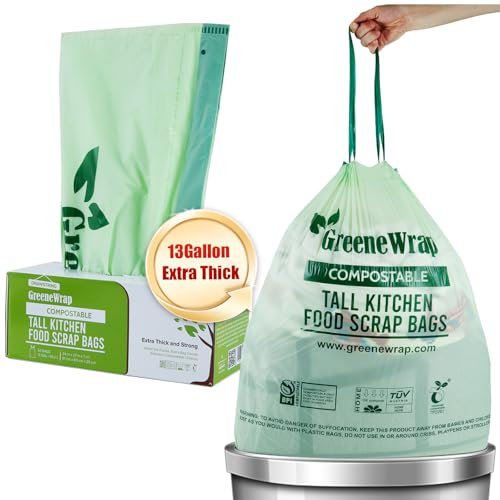 GreeneWrap Lot de 30 sacs poubelle compostables avec cordon de serrage, très épais de 1 mm, 49,21 litres, grands sacs de déchets alimentaires de cuisine, certifiés BPI et OK Compost Home, ASTM D6400
