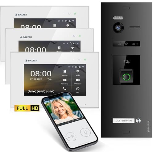 Balter EVO-HD Video Türsprechanlage mit Fingerprint, Video Türklingel, Smartphone App,1 Familienhaus, 3X 7 Zoll Monitore, Türklingel mit Kamera Full HD, 2 Draht Bus, 175° Weitwinkel, RFID,1080P