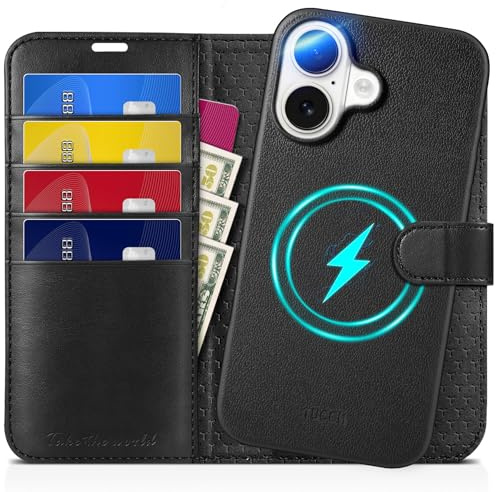 TUCCH 2-in-1 Detachable Wallet Case for iPhone 16 (6.1) 2024, Full Black | 4 Card Slots, RFID Blocking, Wireless Charging Compatible, Kickstand, Shockproof TPU, PU Leather, Magnetic, Folio Flip Cover