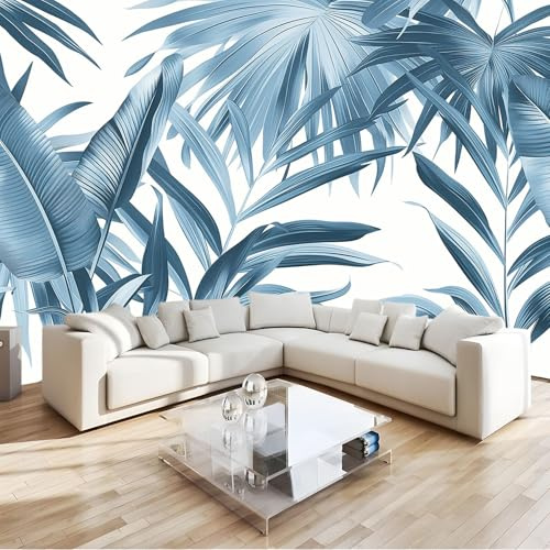 Feuille De Bananier Bleue Papier Peint Intissé 3D Feuilles De Palmier Grises Décoration Murale Moderne, Pour Chambre Enfants, Salon & Bureau 400 X 280 Cm