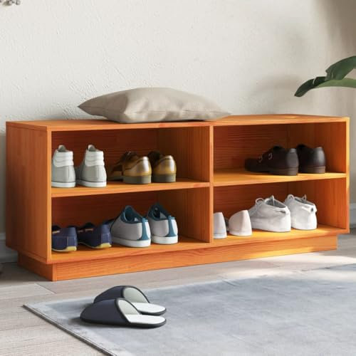 Homgoday Schuhschrank Schuhregal Schuhablage Schuhständer Schuhaufbewahrung Schuhorganizer für Flur, Wohnzimmer, Eingang Wachsbraun 110x34x45 cm Massivholz Kiefer