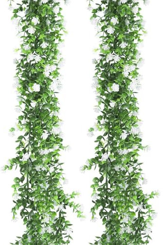 2Pcs 12FT Artificial Eucalyptus Garland - Artificial Garland Fake Foliage with White Flowers Fake Leaves Green Garlands Hanging Plants Wedding Garlands for Home Decor Indoor Outdoors Wall Decor