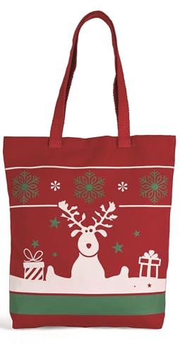 noTrash2003 Weihnachtliche Baumwolltasche Beumwollbeutel Einkaufsbeutel Stoffbeutel mit Weihnachtlichem Rentier Reindeer Motiv und langen roten Henkeln 38 cm x 42 cm Vegan und OekoTex zertifiziert