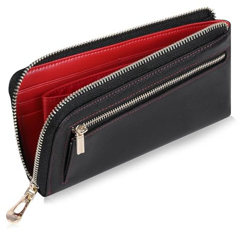 VISOUL Portafoglio Lungo in Vera Pelle da Uomo con Blocco RFID, Portafoglio con Cerniera Pochette in Pelle di Grande Capacità con 12 Slot per Schede Nero+Rosso