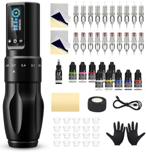 Tattoo Maschinen Set - Tattoo Set mit 7 Hübe 2.0-4.0mm Kabelloser Tattoo Maschine, 1600mAh Stromversorgung Akku, 20 Stück Tattoo Nadeln und 11 Farben Tinten für Tattoo Anfänger und Künstler