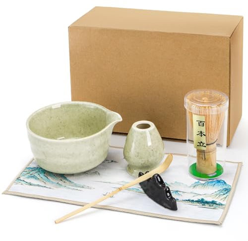 Eorbow 17OZ Matcha Set, 7 Pcs Matcha Whisk Kit, Japanese Tea Set Include Ceramic Matcha Bowl with Spout, Whisk, Holder, Bamboo Scoop with stand, Sifter, Tea Cloth, Matcha Ceremony Kit for Matcha Lover