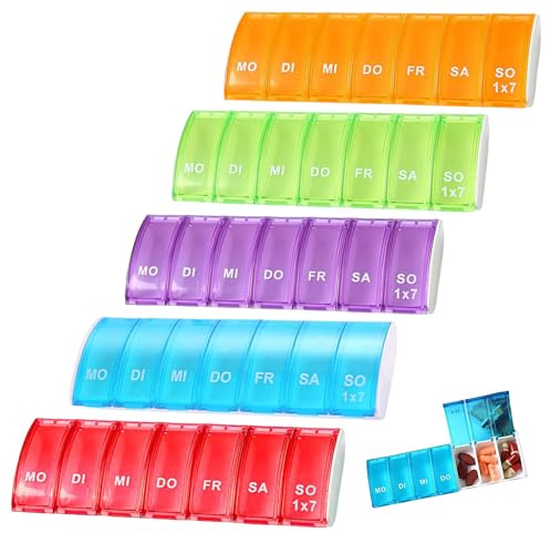 TogtherKings 5 Stück Tablettenbox 7 Tage, Klein Pillenbox Fächer, Wiederverwendbare Pillendose, Mini Organiser Regenbogen, für Medikamentenbox, Pillendose Tablettendose Pill, Tablettenteiler Woche