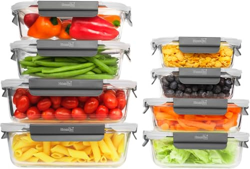 Homiu Glass Food Container Set With Airtight Lids - 8 Pack BPA Free Leak Proof Storage for Meal Prep | Microwave, Freezer, Oven Safe Lunch Boxes