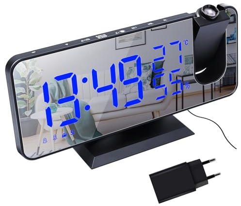 Lancoon Réveil Projecteur avec FM Radio Réveil Numérique 12/24 Heures Mode Affichage de la Température et de l'humidité Adaptateur Inclus