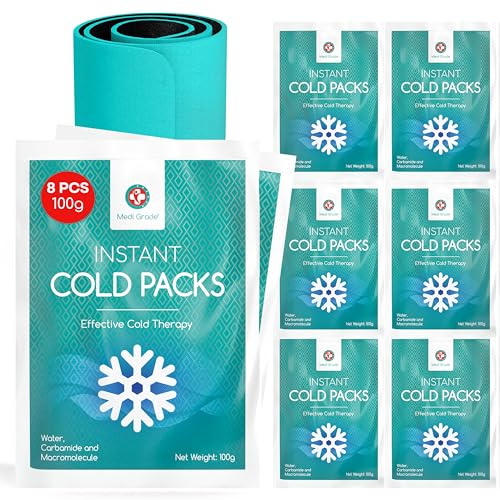Medi Grade Poche de Glace, 8 Packs de Glace de 100 g (11,43 x 15,24 cm) – Compresse Froide Instantanée – Poche de Froid Pour la Cheville et le Genou avec Bande de Fixation, Pas Besoin de Congélateur