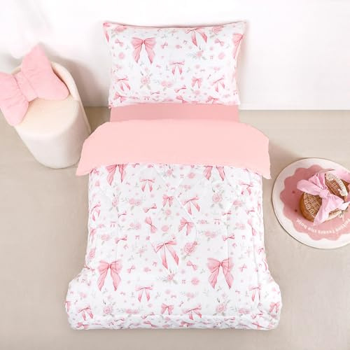 Jundetye Juego de ropa de cama de 4 piezas para niñas, juego de edredón suave y transpirable, estampado de flores de lazo, incluye edredón reversible, sábana bajera y sábana encimera, funda de