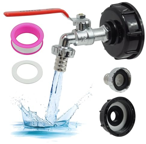 Grifo 1/2 para Depósito 1000L, Compatible con IBC, Adaptador con Conector de Manguera de Aleación y Válvula de Seguridad, Ideal para Depósitos, Sistemas de Riego y Colectores de Agua de Lluvia