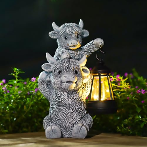 Hochlandrind Skulptur mit Solarlampen für Außen Gartendeko Geschenke Grau | Lustig Highland Cow Muttertier & Kalb, Kuh Geschenke für Frauen Mama Männer, Wetterfeste Garten Balkon Zimmer Deko