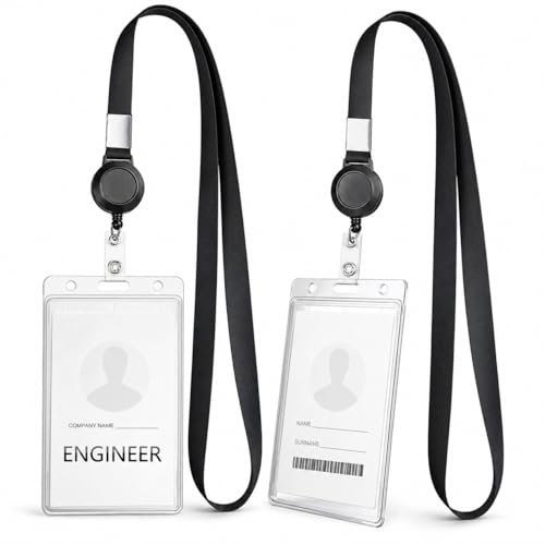 Cruise Lanyard with ID Card Holder – 2 Pack Neck Lanyards with Retractable Reel & Double-Sided Waterproof Clear Badge Holder, Black Vertical Lanyard for Cruise Cards & ID