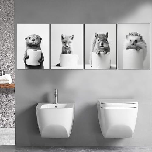 BeiYiHo 4 Affiches Animaux WC Noir et Blanc Toilette Tableau Decoration Murale Poster Humoristique 21x30 Photo Toile Animaux