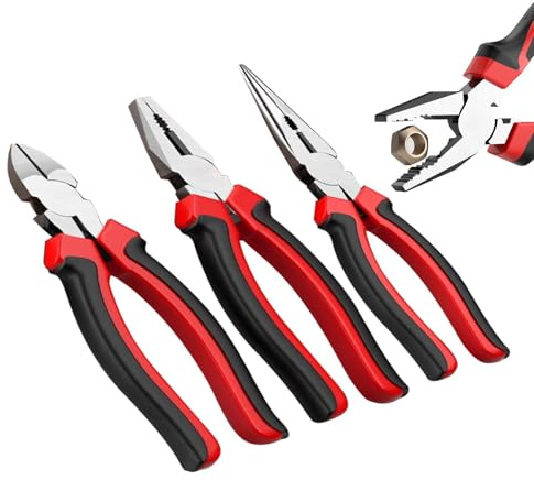 3 Pcs High Leverage Pliers Set,Combination Plier,Diagonal Cutting Plie-rs,Long Nose Plie-r for DIY Household Repair,160 mm,Black&Red