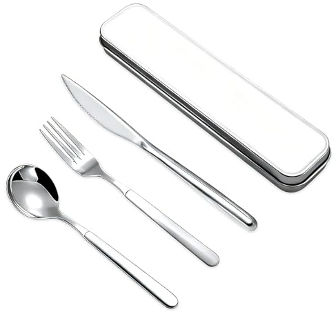 Wixovo Set de Couverts Lunch Box de Camping, 3PCS Couverts Inox avec Boite Couvert a Emporter, Lavable au Lave-Vaisselle, Couteau Fourchette Cuillère Étui Portable pour Voyage Camping Bureau Déjeuner