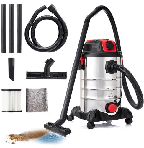 LEHMANN Bidone Aspirapolvere Industriale con Contenitore in Metallo 30L, 1500W, Aspira Solidi e Liquidi con Presa di Corrente, Funzione Soffiaggio, Filtro HEPA e Schiuma, Scuotifiltro, Argento