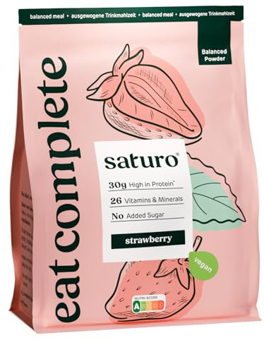 Saturo Comida para beber – Alimento vegano como sustituto de la comida – Strawberry | Polvo blanqueado con abundante proteína y 5600 kcal | Polvo con nutrientes valiosos | 14 batidos, 1,4 kg