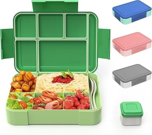 PDBEST Bento Lunch Box with 6 Compartments 1330ml Bento Box for Kid with Cutlery Set Green