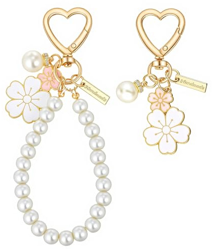 Ymapinc 2 Pcs Cute Key Chains for Women, Flower Bag Charm for Girls Keyring & Pearl Keychains Car Keyring Chain Pink Wristlet Keychain, Keyrings for Women's Handbags, Bag Accessories & Car Key Chain