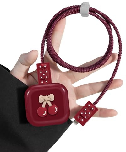 DiyGody Protector Set Compatible for iPhone 40W Charger Plug, Phone Charger Protective Cover for UK Apple Type-C/L Power Adapter, Data Cable Case Wire Saver for Girls, Wine Red Cherry Candy Bow