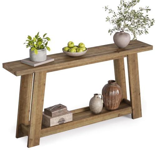 TRIBEWOOD 160 cm Massivholz Konsolentisch, Landhaus Stil mit 2 Ablageflächen – Schmaler Sofatisch für Wohnzimmer, Flur & Diele